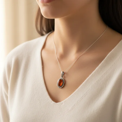 Srebrna Zawieszka z Bursztynem – Klasyczny Owal w Kuleczkach