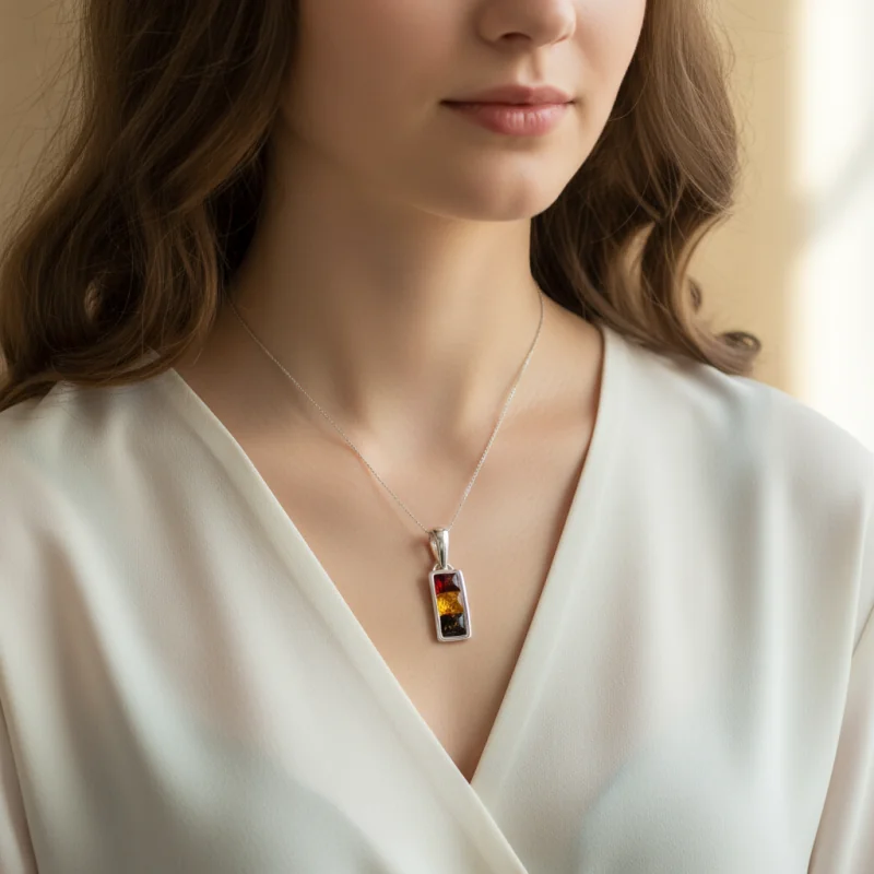 Srebrna Zawieszka Multikolor – Geometryczny Prostokąt z Trzema Bursztynami