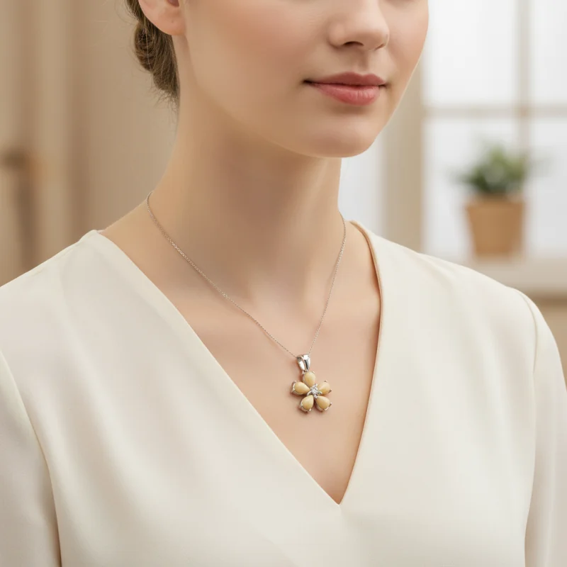 Srebrna Zawieszka Kwiatek z Mlecznym Bursztynem i Cyrkonią