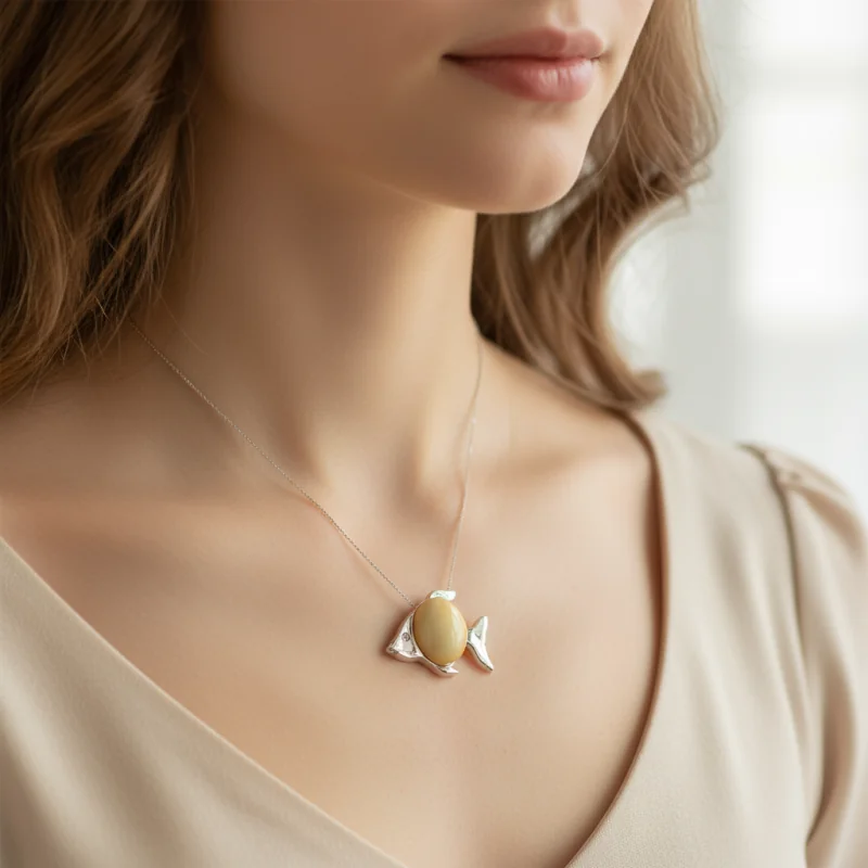 Srebrna Zawieszka Rybka z Mlecznym Bursztynem