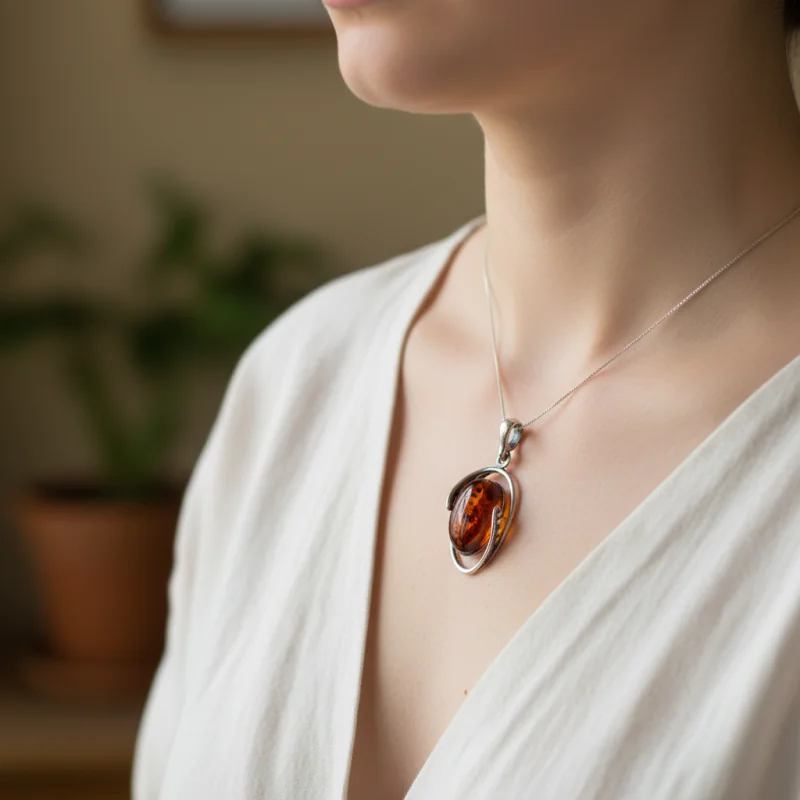 Srebrna Zawieszka z Bursztynem – Smukła Lilia