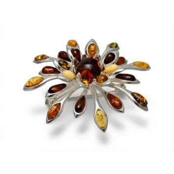 Srebrna broszka w kształcie kwiata z wielokolorowym bursztynem bałtyckim - zbliżenie na detale
