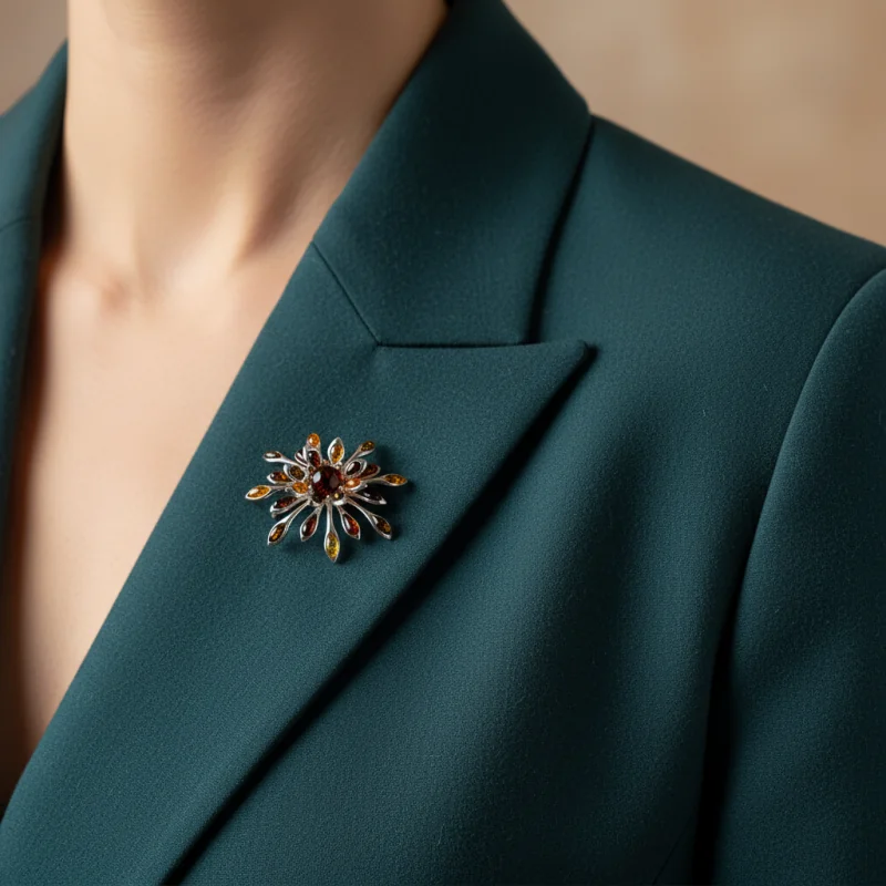 Srebrna Broszka "Secesyjne Liście" – Owalny Bursztyn Koniakowy (Srebro 925)