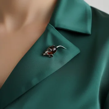 Elegancka stylizacja - srebrna broszka myszka wpięta w klapę zielonej marynarki
