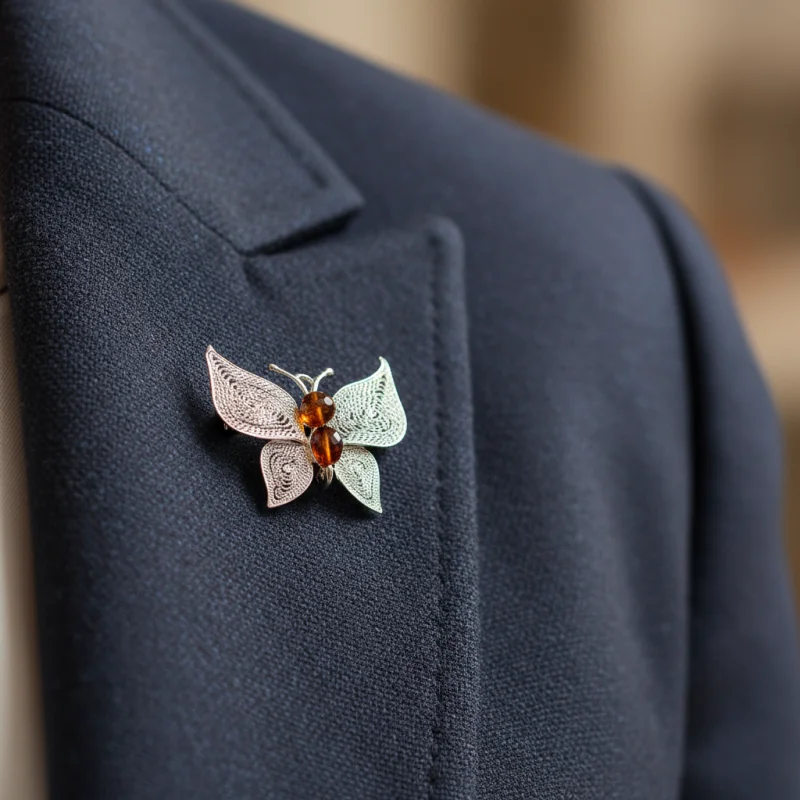 Srebrna Broszka "Motyl" – Filigran i Naturalny Bursztyn (Srebro 925)
