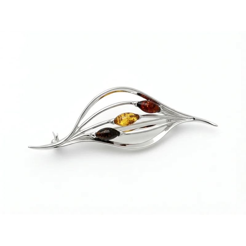 Srebrna Broszka Ażurowy Liść z Bursztynem – Srebro 925 Srebrna Broszka Ażurowy Liść z Bursztynem – Srebro 925