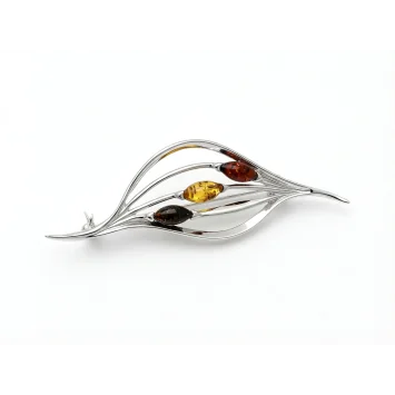 Srebrna broszka w kształcie listka z trzema małymi bursztynami - multikolor