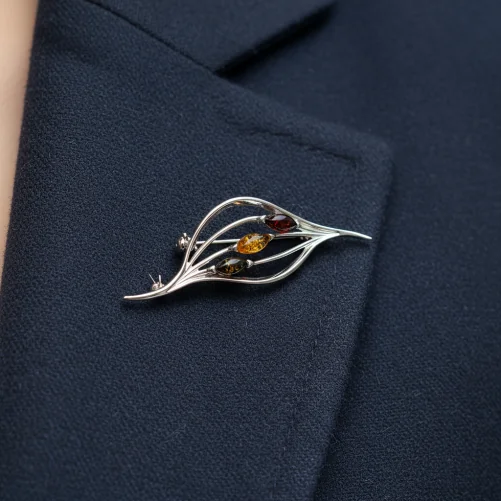 Srebrna Broszka Ażurowy Liść z Bursztynem – Srebro 925