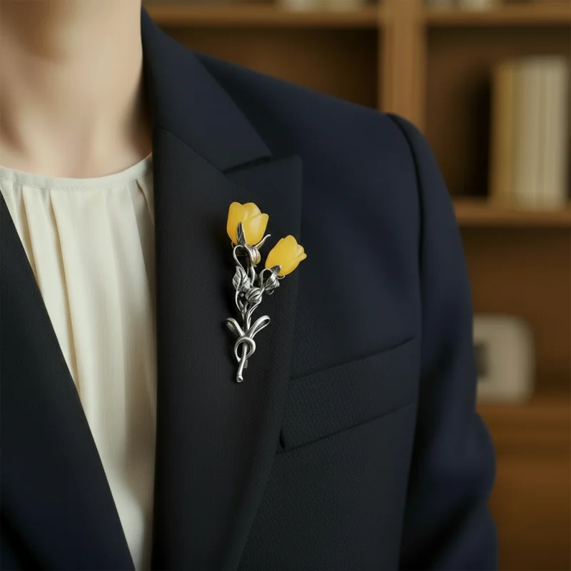 Srebrna Broszka "Pąki Tulipana" – Bursztyn Cytrynowy i Srebro 925