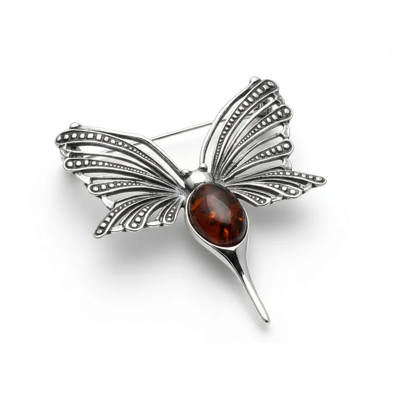 Srebrna Broszka Ważka z Bursztynem - Elegancka Biżuteria
