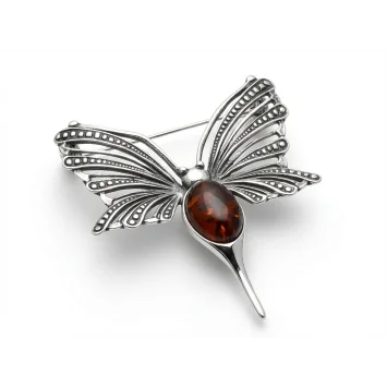 srebrna broszka ważka z bursztynem bałtyckim. Ażurowa biżuteria w kształcie owada