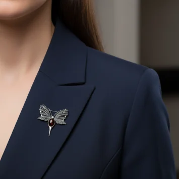 broszka ważka ze srebra 925 z naturalnym bursztynem bałtyckim koniakowym, przypięta elegancko do klapy żakietu.