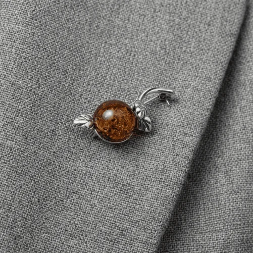 Srebrna Broszka z Bursztynem "Leśny Sekret" – Motyw Roślinny / Srebro 925