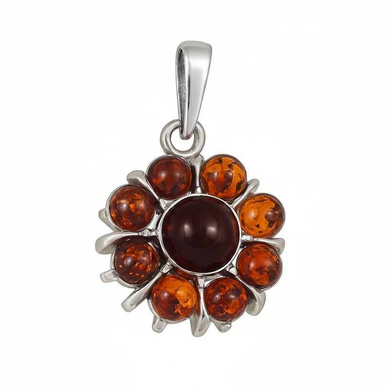 Srebrna Zawieszka Kwiat z Bursztynami – Słoneczna Rozeta
