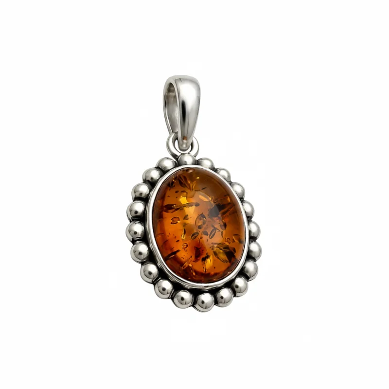 Srebrna Zawieszka z Bursztynem – Klasyczny Owal w Kuleczkach Srebrna Zawieszka z Bursztynem – Klasyczny Owal w Kuleczkach
