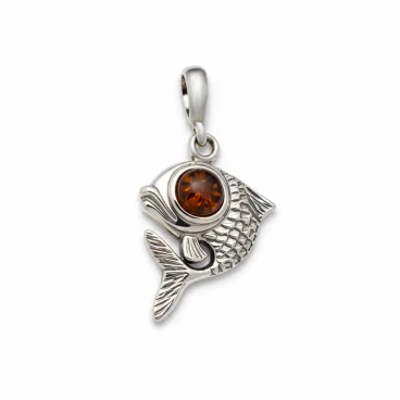Srebrna Zawieszka Rybka z Bursztynem – Znak Zodiaku i Symbol Szczęścia
