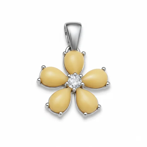 Srebrna Zawieszka Kwiatek z Mlecznym Bursztynem i Cyrkonią