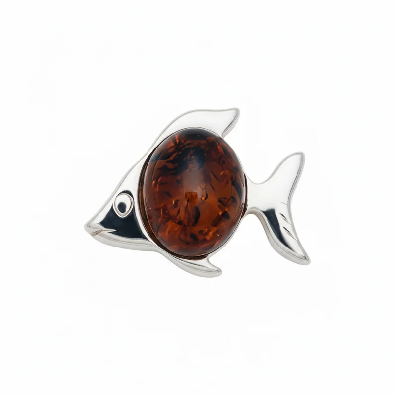 Srebrna Zawieszka Rybka z Wiśniowym Bursztynem