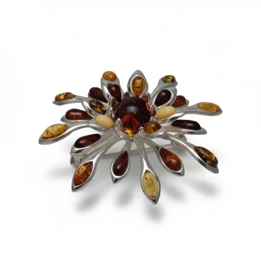 Srebrna Broszka "Secesyjne Liście" – Owalny Bursztyn Koniakowy (Srebro 925)