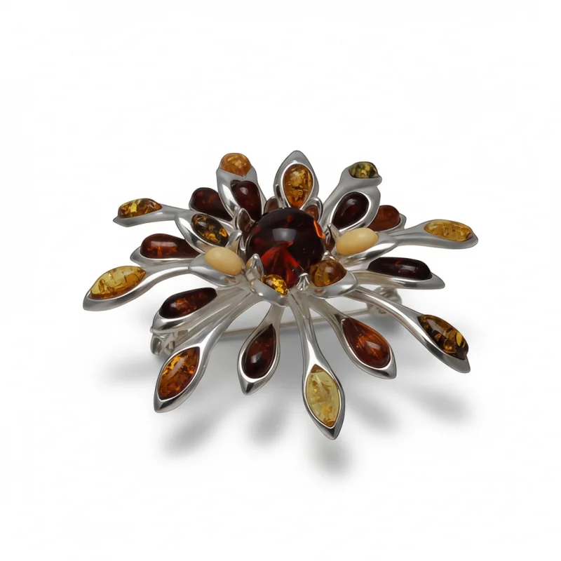 Srebrna Broszka "Secesyjne Liście" – Owalny Bursztyn Koniakowy (Srebro 925) Srebrna Broszka "Secesyjne Liście" – Owalny Bursztyn Koniakowy (Srebro 925)