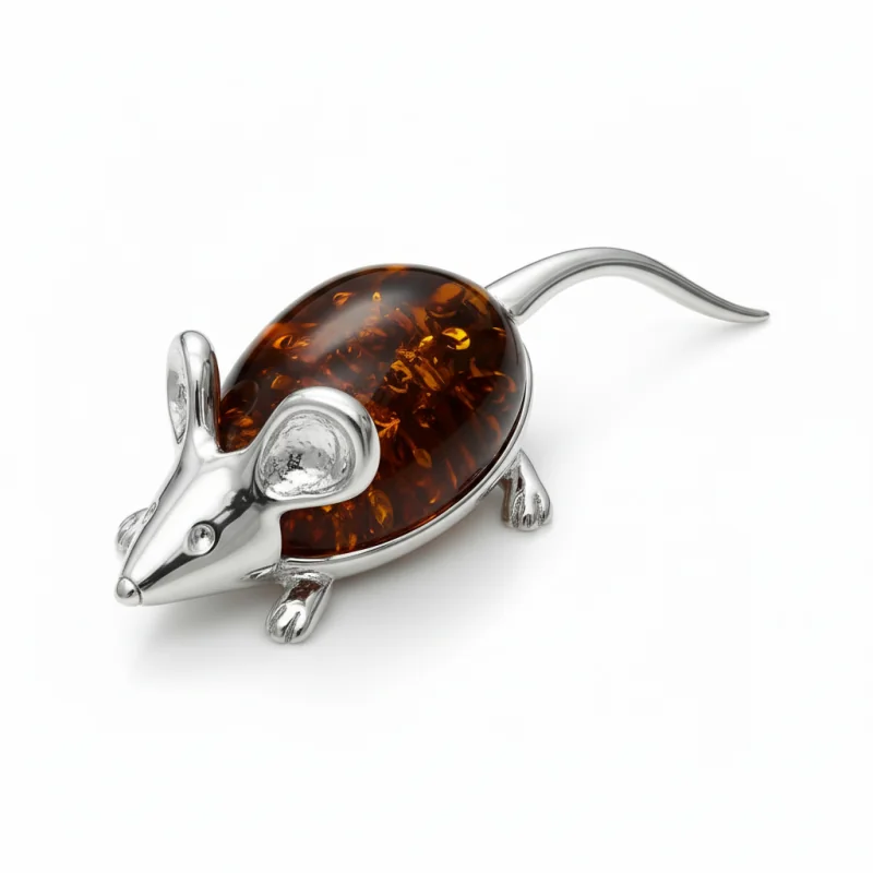Srebrna Broszka "Myszka" – Naturalny Bursztyn Koniakowy (Srebro 925)
