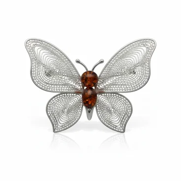 Srebrna Broszka "Motyl" – Filigran i Naturalny Bursztyn (Srebro 925)