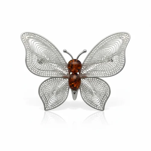 Srebrna Broszka "Motyl" – Filigran i Naturalny Bursztyn (Srebro 925)