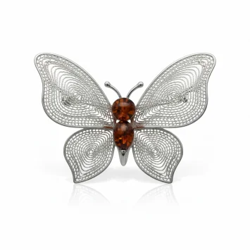 Srebrna Broszka "Motyl" – Filigran i Naturalny Bursztyn (Srebro 925)