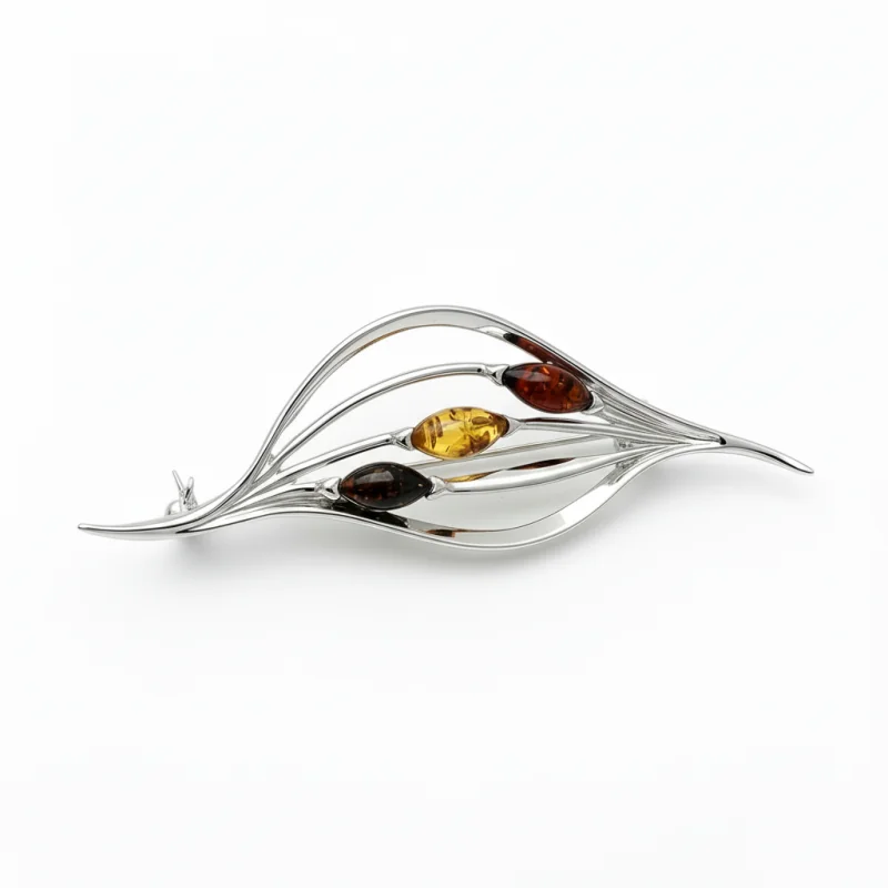 Srebrna Broszka Ażurowy Liść z Bursztynem – Srebro 925 Srebrna Broszka Ażurowy Liść z Bursztynem – Srebro 925