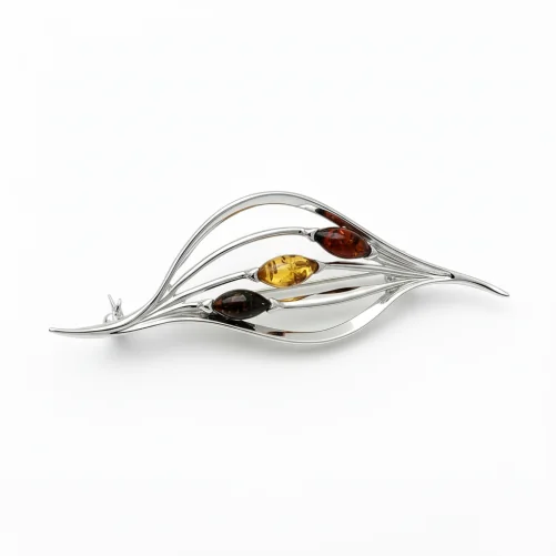 Srebrna Broszka Ażurowy Liść z Bursztynem – Srebro 925
