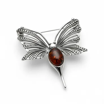 Srebrna Broszka Ważka z Bursztynem - Elegancka Biżuteria