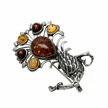 Srebrna Broszka z Bursztynem Smok i Kwiat