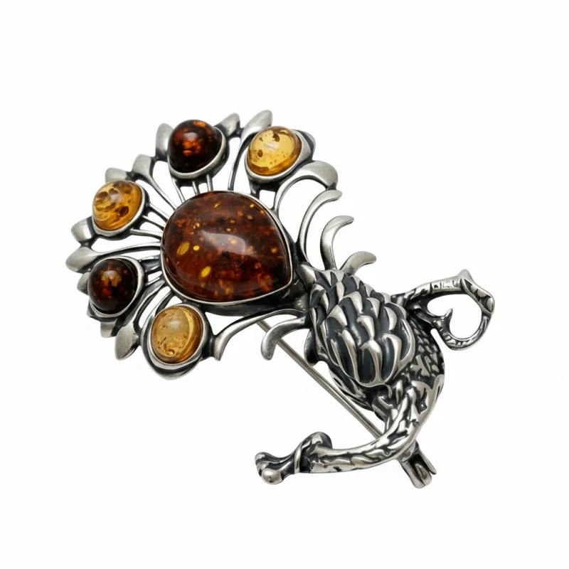 Srebrna Broszka z Bursztynem Smok i Kwiat Srebrna Broszka z Bursztynem Smok i Kwiat