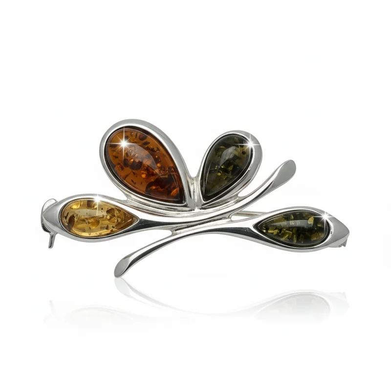 Srebrna Broszka Motyl z Wielokolorowym Bursztynem Bałtyckim – Srebro 925 Srebrna Broszka Motyl z Wielokolorowym Bursztynem Bałtyckim – Srebro 925