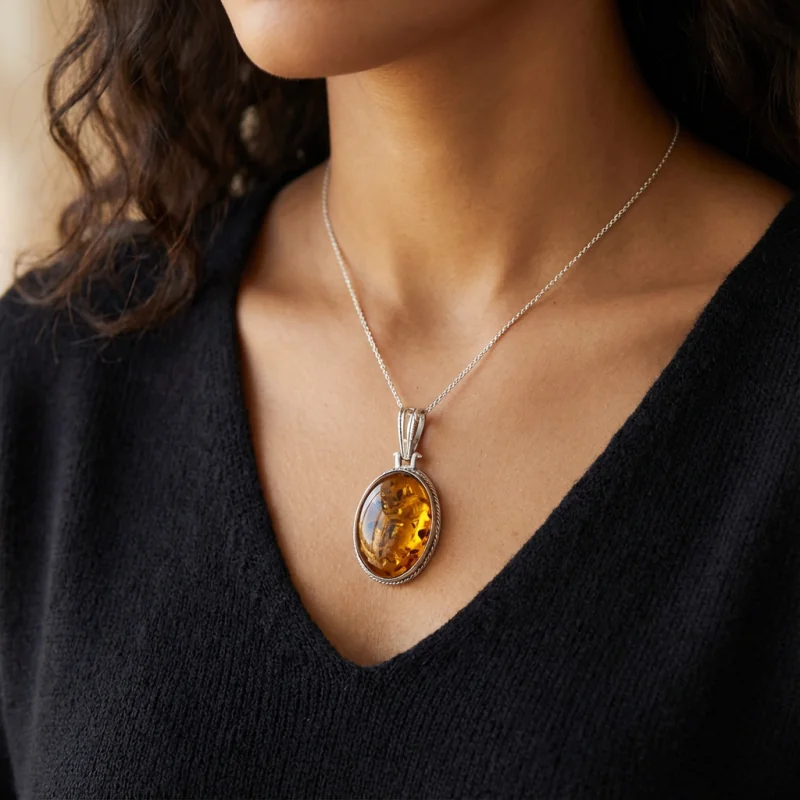 zawieszka srebrna z bursztynem – klasyczna owalna forma