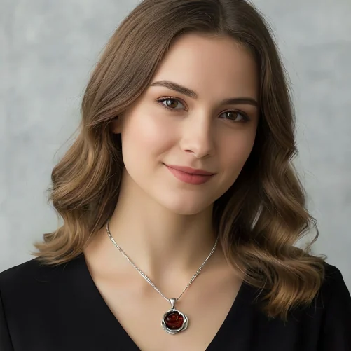 zawieszka srebrna z bursztynem - czerwona laguna