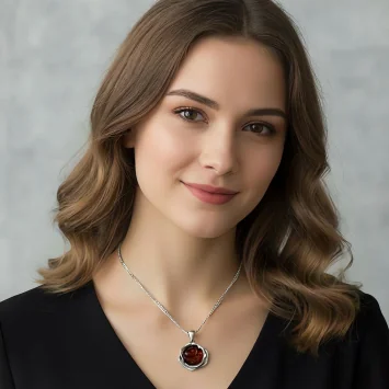 zawieszka srebrna z bursztynem - czerwona laguna