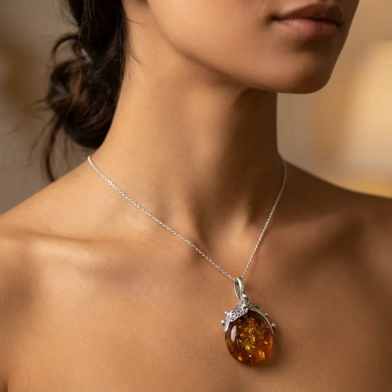 zawieszka srebrna z bursztynem – stylowy okrąg