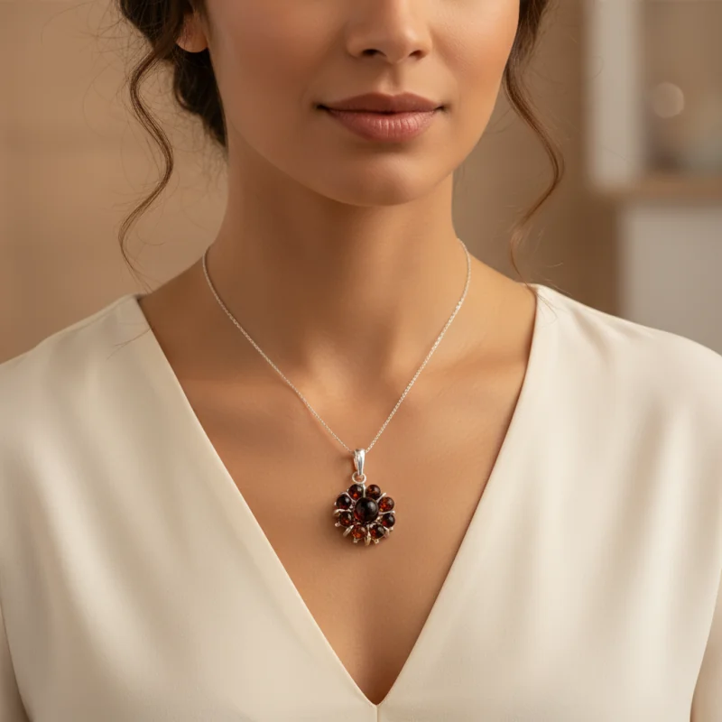 Srebrna Zawieszka Kwiat z Bursztynami – Słoneczna Rozeta