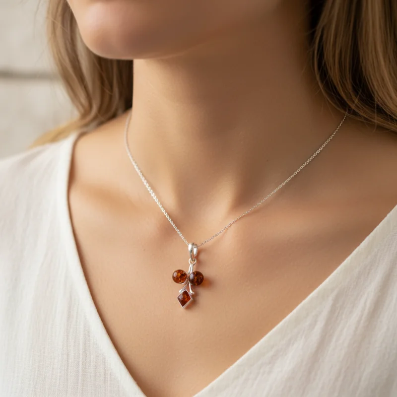 Srebrna Zawieszka z Bursztynami – Geometryczne Trio