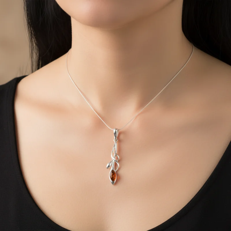 Srebrna Zawieszka z Bursztynem – Smukła Lilia / Nowoczesne Pnącze