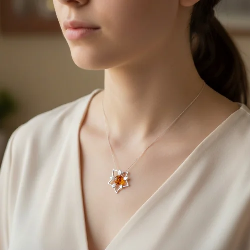 Srebrna Zawieszka Kwiat Lotosu z Naturalnym Bursztynem – Ażurowa Elegancja